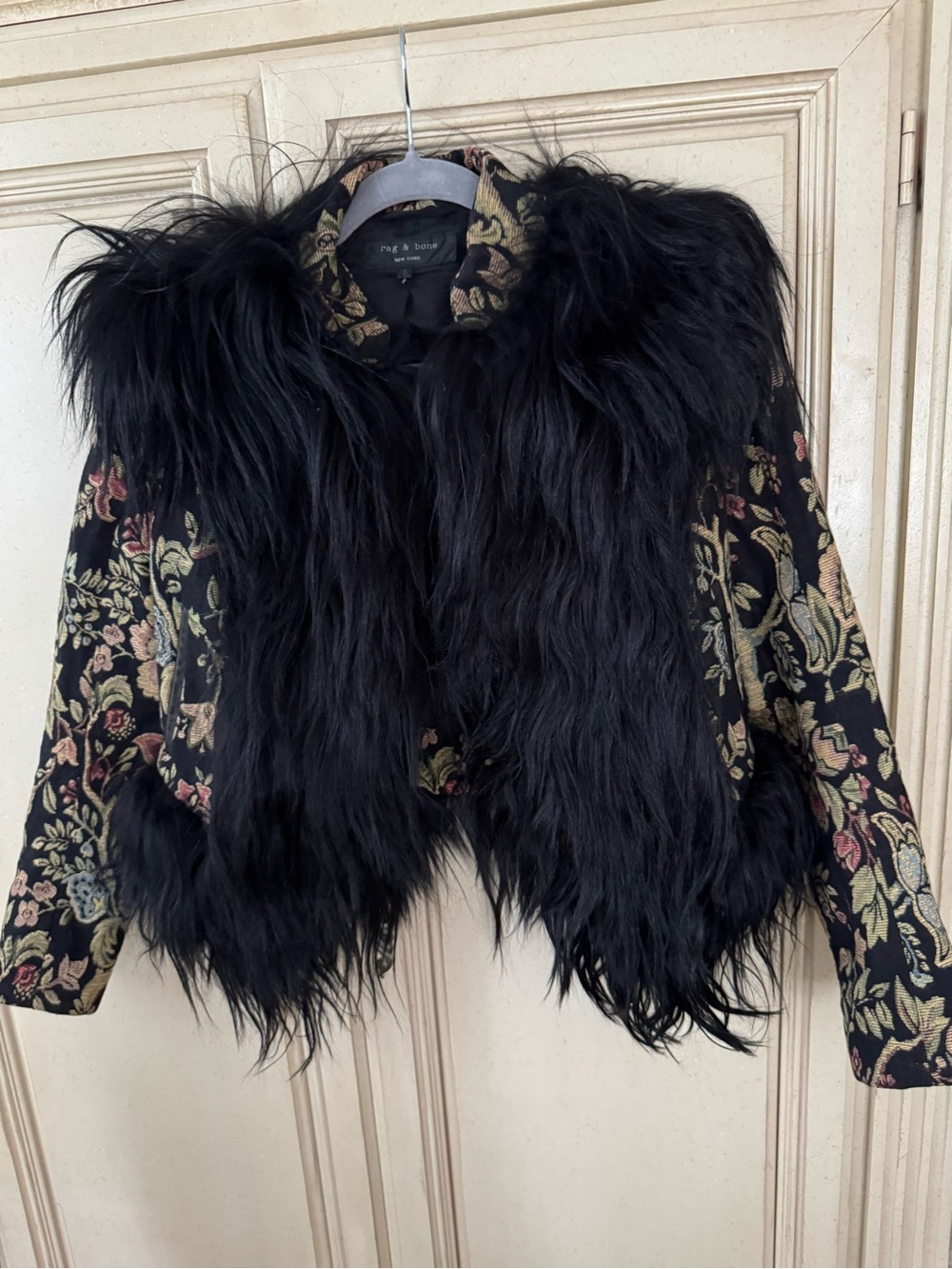 rag & bone Black Floral Jacquard Jacket with Faux Fur Trim